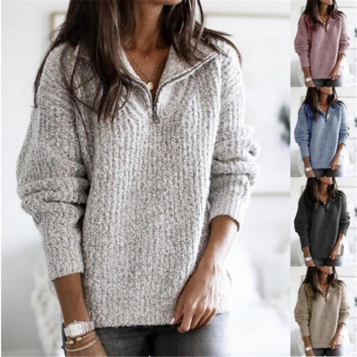 Stickad tröja | Loose Fit | Half-Zip | Vintertröja | Damkläder-Eva Jonsson
