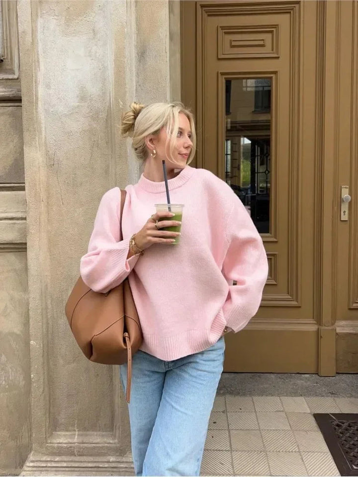 Stickad tröja | Rosa | Oversized | Pullovertröja | Jumper för damer-Eva Jonsson