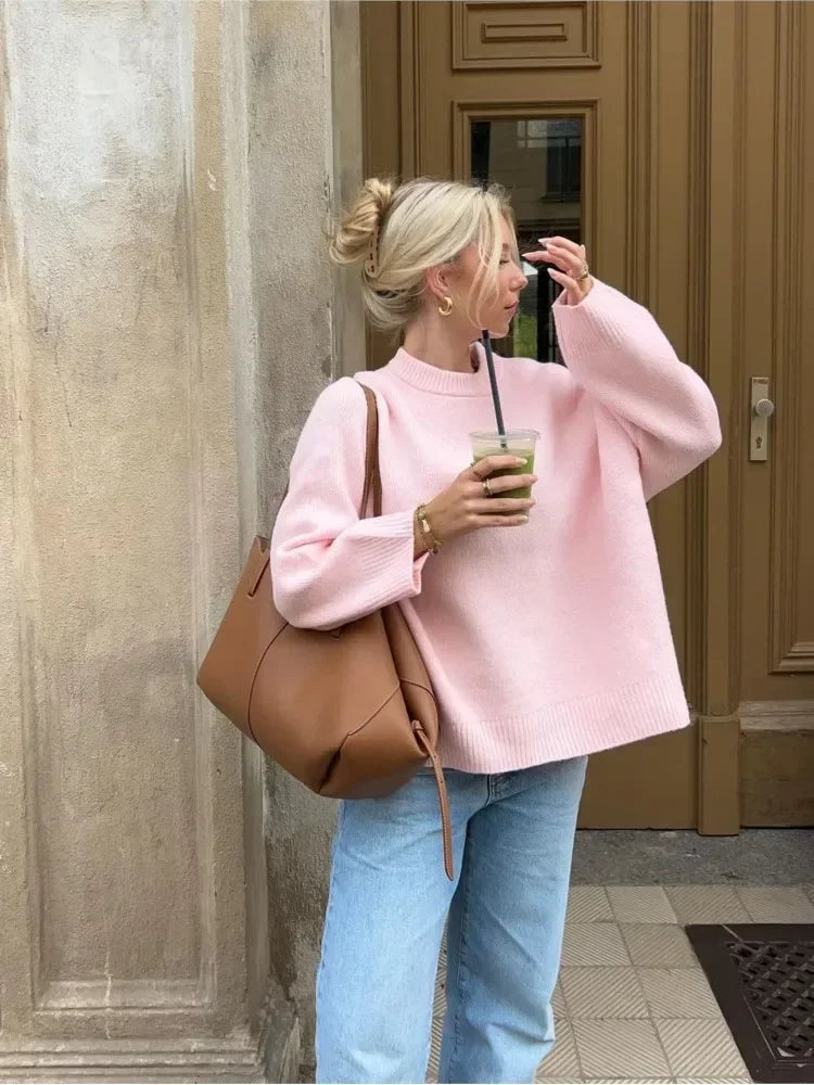 Stickad tröja | Rosa | Oversized | Pullovertröja | Jumper för damer-Eva Jonsson