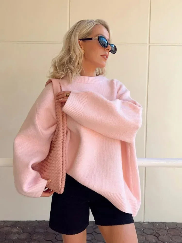 Stickad tröja | Rosa | Oversized | Pullovertröja | Jumper för damer-Eva Jonsson