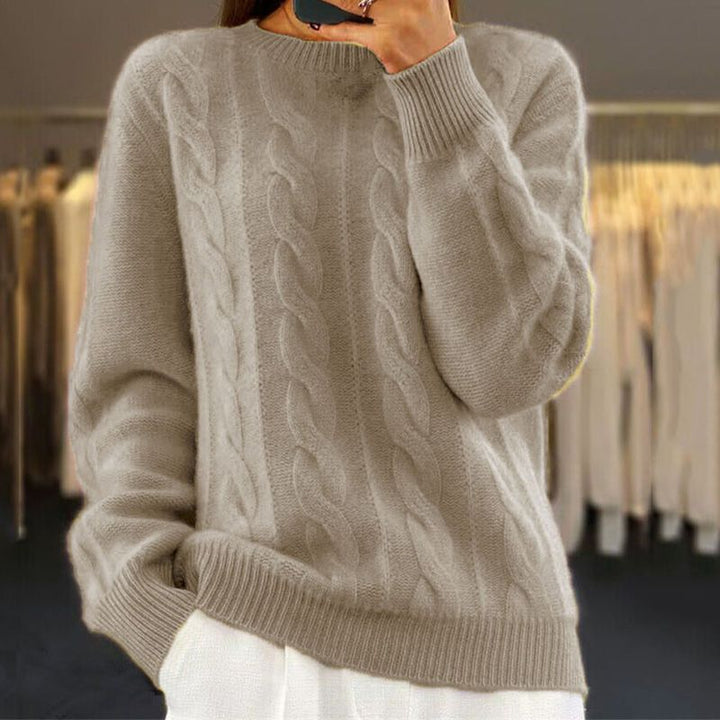 Stickad tröja - Varm kabelstickad pullover med rund hals för kvinnor-Eva Jonsson