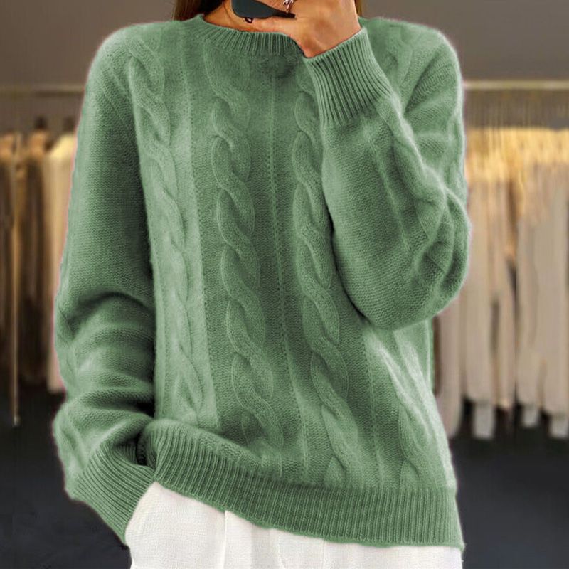 Stickad tröja - Varm kabelstickad pullover med rund hals för kvinnor-Eva Jonsson