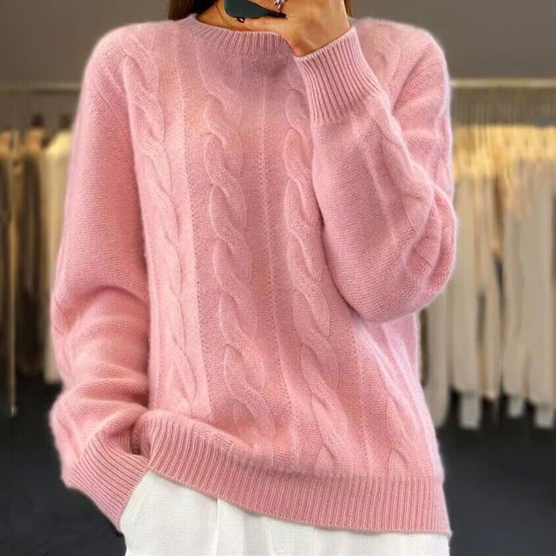 Stickad tröja - Varm kabelstickad pullover med rund hals för kvinnor-Eva Jonsson