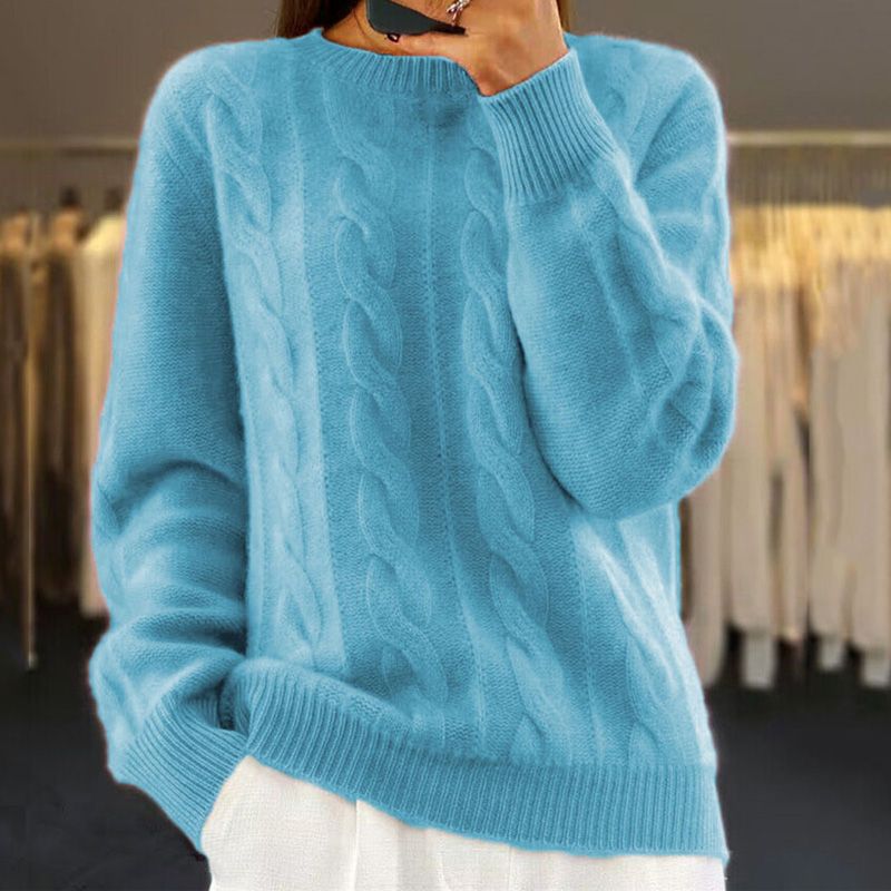 Stickad tröja - Varm kabelstickad pullover med rund hals för kvinnor-Eva Jonsson
