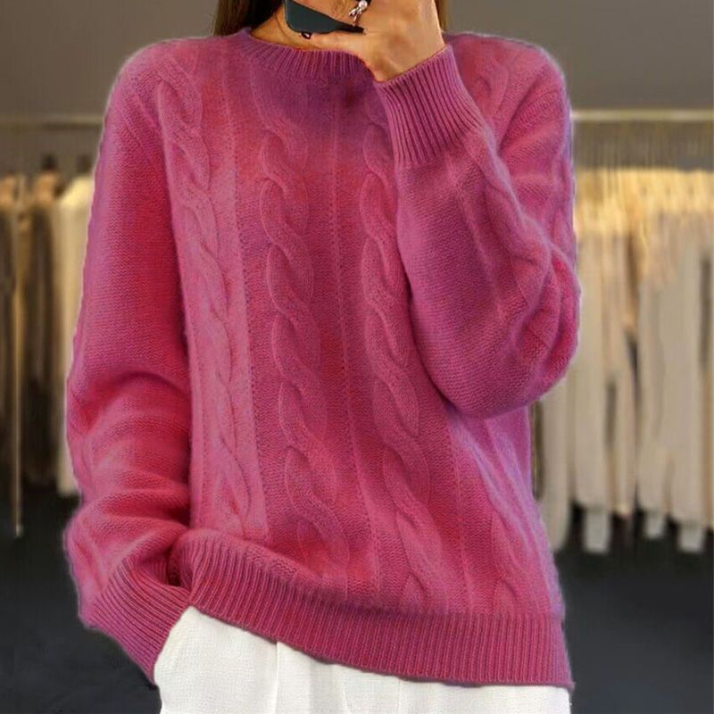 Stickad tröja - Varm kabelstickad pullover med rund hals för kvinnor-Eva Jonsson