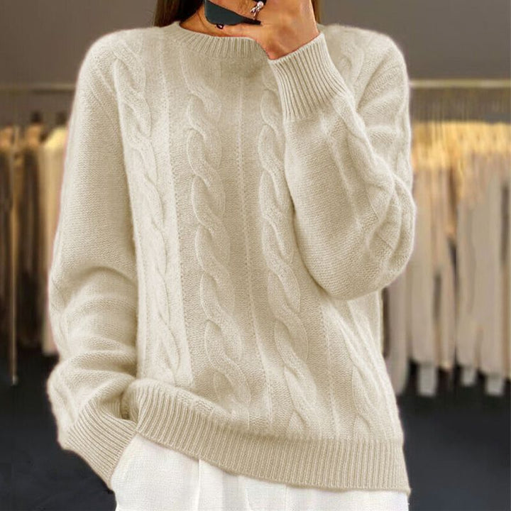 Stickad tröja - Varm kabelstickad pullover med rund hals för kvinnor-Eva Jonsson