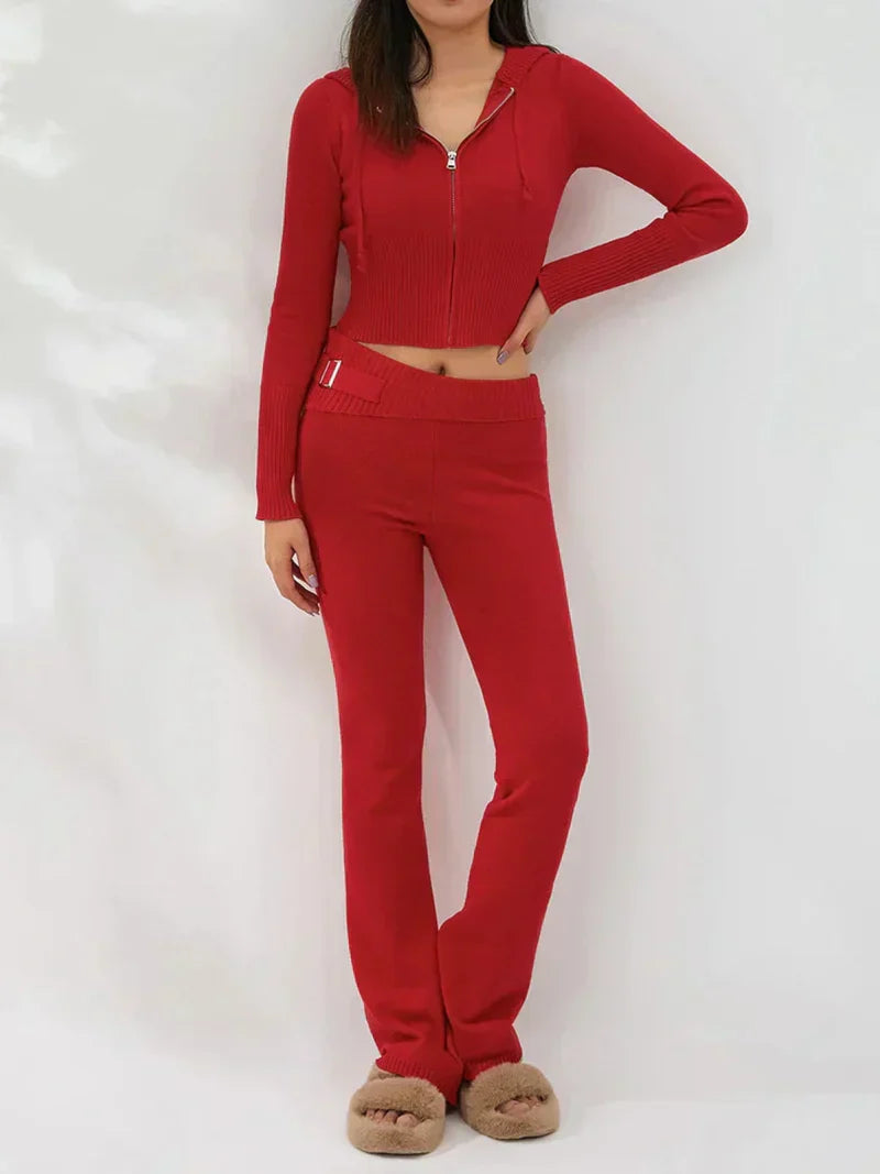 Stickad tvådelad uppsättning | Huva | Cardigan med dragkedja | Stickad Co-Ord uppsättning | Loungewear för kvinnor-Eva Jonsson