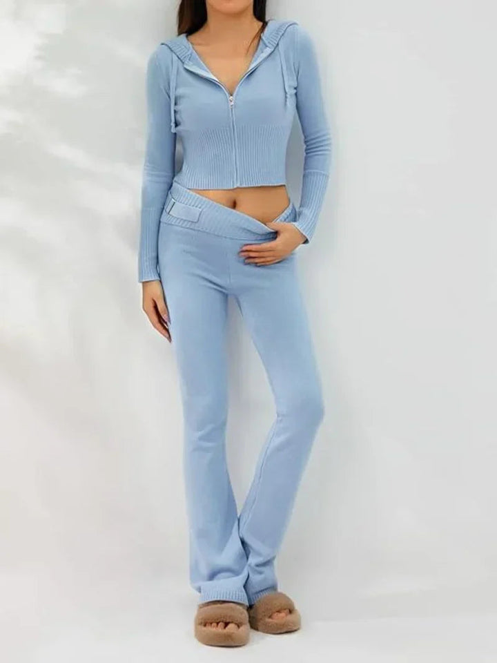 Stickad tvådelad uppsättning | Huva | Cardigan med dragkedja | Stickad Co-Ord uppsättning | Loungewear för kvinnor-Eva Jonsson