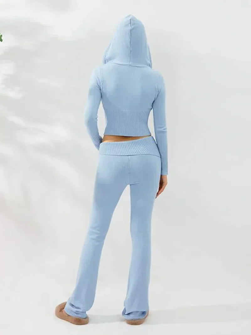 Stickad tvådelad uppsättning | Huva | Cardigan med dragkedja | Stickad Co-Ord uppsättning | Loungewear för kvinnor-Eva Jonsson