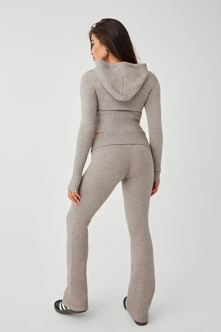Stickad tvådelad uppsättning | Huva | Cardigan med dragkedja | Stickad Co-Ord uppsättning | Loungewear för kvinnor-Eva Jonsson