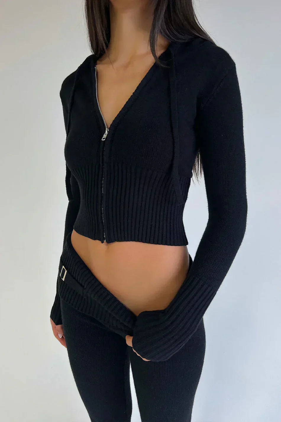 Stickad tvådelad uppsättning | Huva | Cardigan med dragkedja | Stickad Co-Ord uppsättning | Loungewear för kvinnor-Eva Jonsson