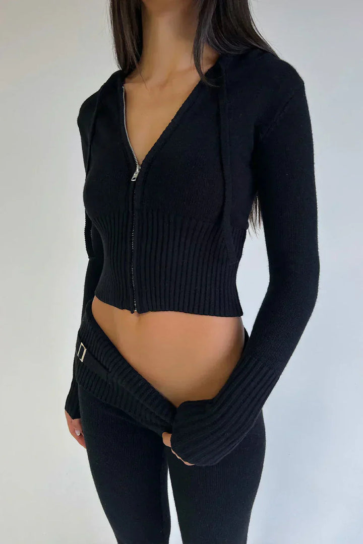 Stickad tvådelad uppsättning | Huva | Cardigan med dragkedja | Stickad Co-Ord uppsättning | Loungewear för kvinnor-Eva Jonsson