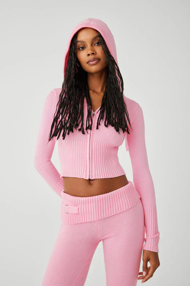 Stickad tvådelad uppsättning | Huva | Cardigan med dragkedja | Stickad Co-Ord uppsättning | Loungewear för kvinnor-Eva Jonsson