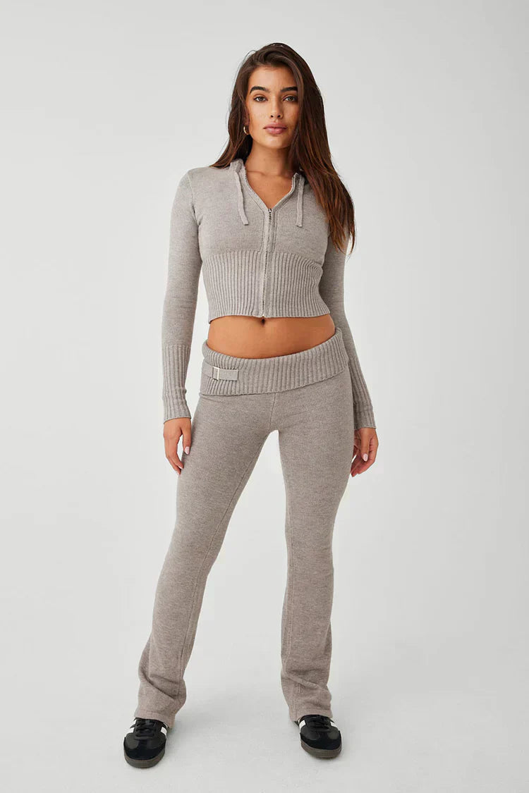 Stickad tvådelad uppsättning | Huva | Cardigan med dragkedja | Stickad Co-Ord uppsättning | Loungewear för kvinnor-Eva Jonsson