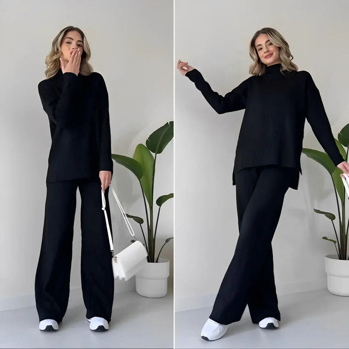 Stickad tvådelad uppsättning | Loose Fit | Turtleneck | Stickad Co-Ord Set | Loungewear för kvinnor-Eva Jonsson