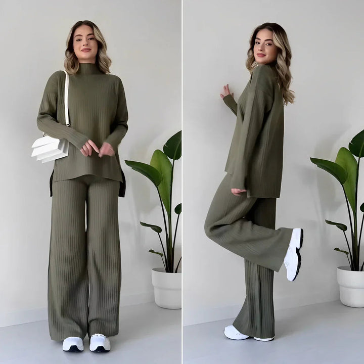 Stickad tvådelad uppsättning | Loose Fit | Turtleneck | Stickad Co-Ord Set | Loungewear för kvinnor-Eva Jonsson