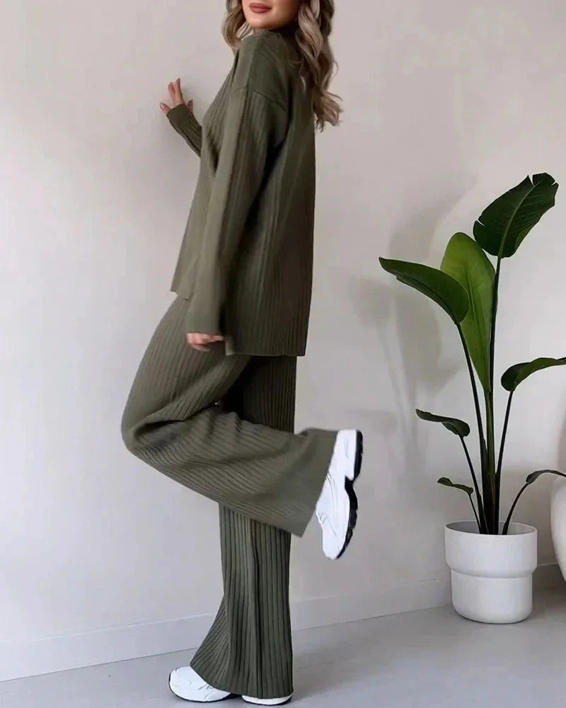 Stickad tvådelad uppsättning | Loose Fit | Turtleneck | Stickad Co-Ord Set | Loungewear för kvinnor-Eva Jonsson