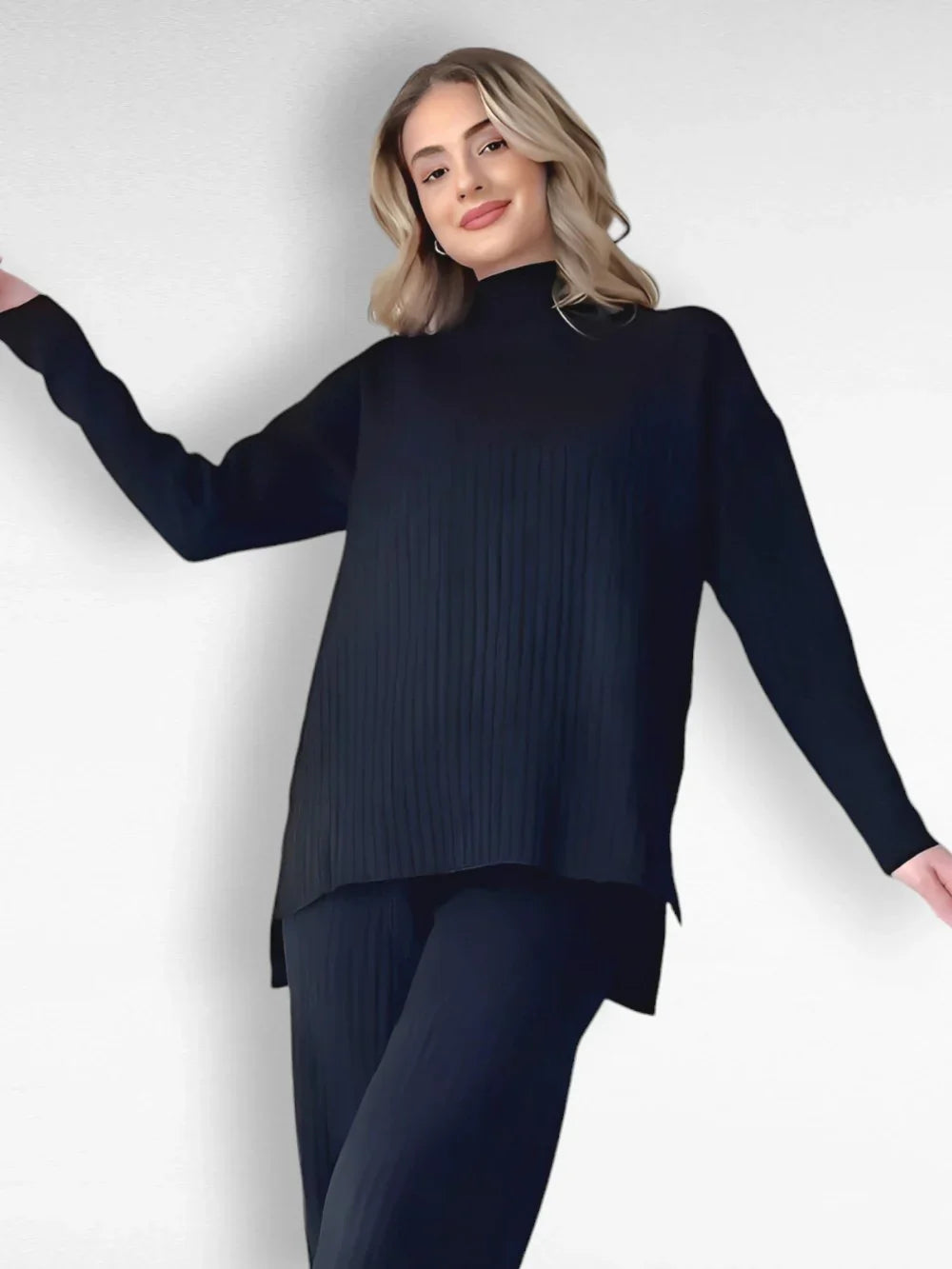 Stickad tvådelad uppsättning | Loose Fit | Turtleneck | Stickad Co-Ord Set | Loungewear för kvinnor-Eva Jonsson