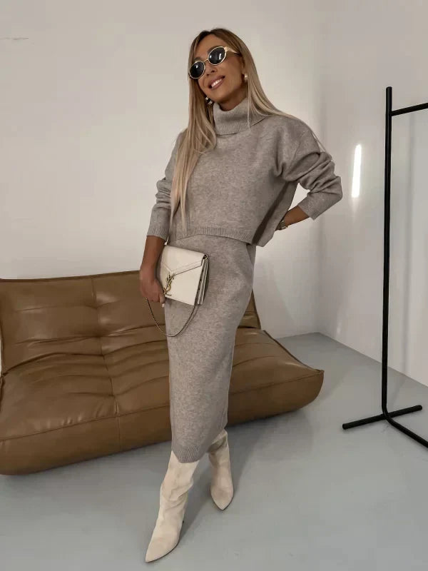 Stickat Tvådelat Set - Stickad Klänning - Turtleneck-tröja - Stickat Tvådelat Set - Damkläder-Eva Jonsson