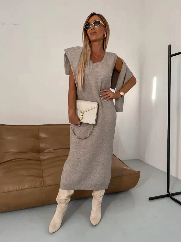 Stickat Tvådelat Set - Stickad Klänning - Turtleneck-tröja - Stickat Tvådelat Set - Damkläder-Eva Jonsson