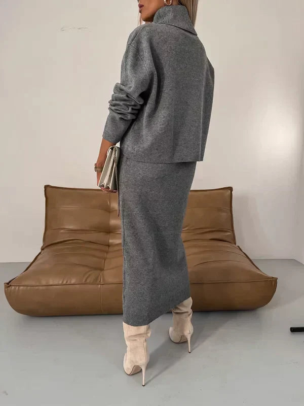 Stickat Tvådelat Set - Stickad Klänning - Turtleneck-tröja - Stickat Tvådelat Set - Damkläder-Eva Jonsson