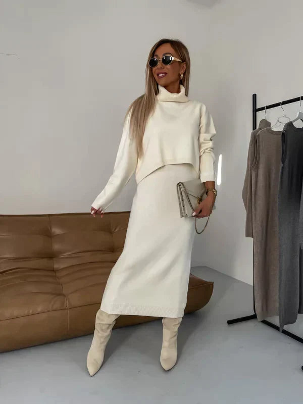 Stickat Tvådelat Set - Stickad Klänning - Turtleneck-tröja - Stickat Tvådelat Set - Damkläder-Eva Jonsson