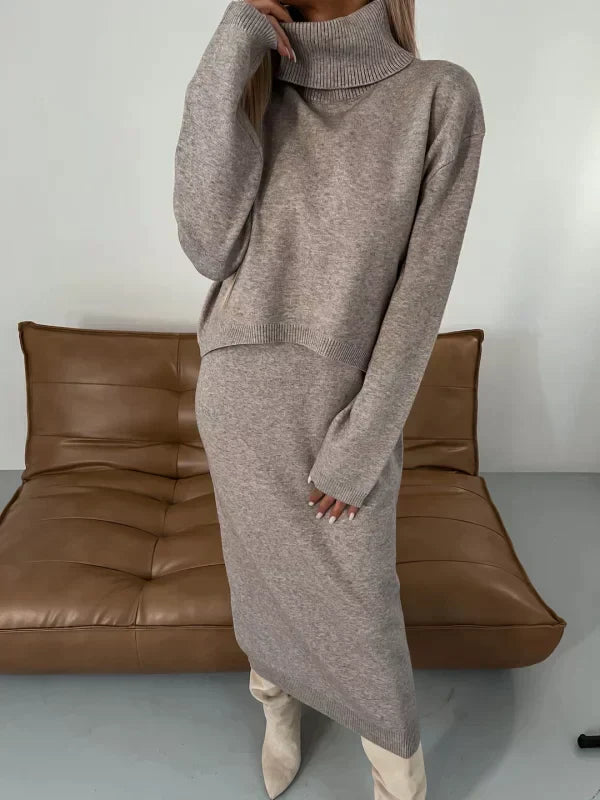 Stickat Tvådelat Set - Stickad Klänning - Turtleneck-tröja - Stickat Tvådelat Set - Damkläder-Eva Jonsson