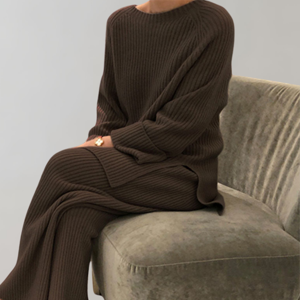 Stickat loungeset - Långärmad - Vida ben - Tvådelat set - Vinterkläder för kvinnor-Eva Jonsson