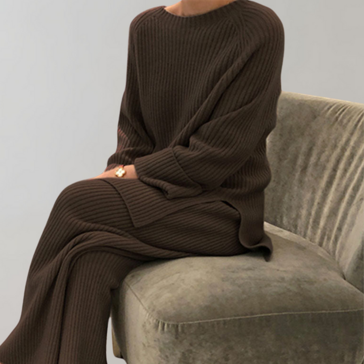 Stickat loungeset - Långärmad - Vida ben - Tvådelat set - Vinterkläder för kvinnor-Eva Jonsson