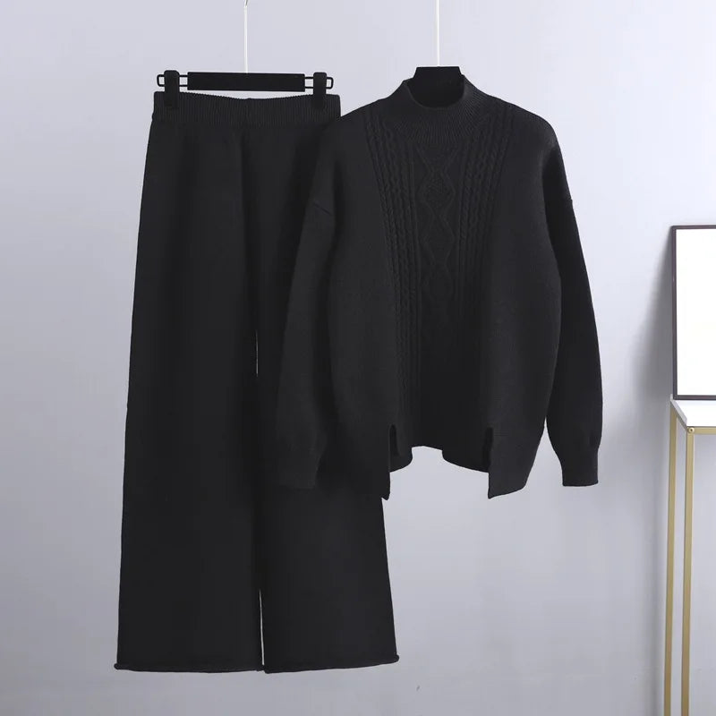 Stickat tvådelat set - Oversized - Vida ben - Stickat tvådelat set - Loungewear för kvinnor-Eva Jonsson