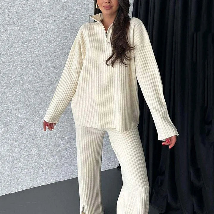 Stickat tvådelat set | Ribbat | Långärmat | Stickat tvådelat set | Loungewear för kvinnor-Eva Jonsson