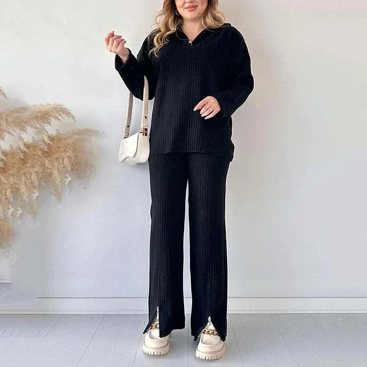 Stickat tvådelat set | Ribbat | Långärmat | Stickat tvådelat set | Loungewear för kvinnor-Eva Jonsson
