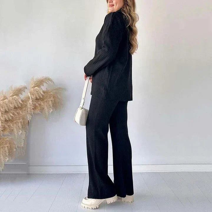 Stickat tvådelat set | Ribbat | Långärmat | Stickat tvådelat set | Loungewear för kvinnor-Eva Jonsson