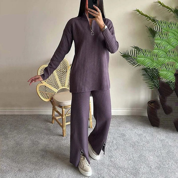 Stickat tvådelat set | Ribbat | Långärmat | Stickat tvådelat set | Loungewear för kvinnor-Eva Jonsson
