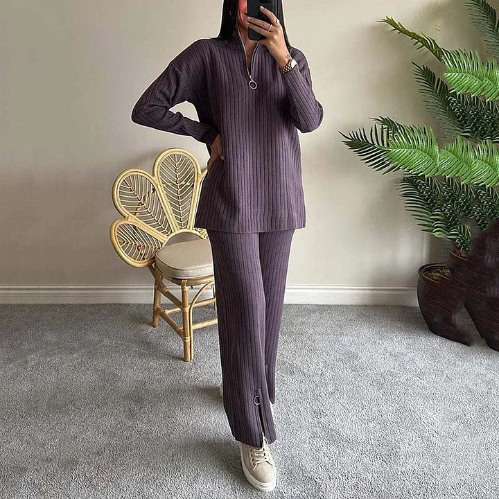 Stickat tvådelat set | Ribbat | Långärmat | Stickat tvådelat set | Loungewear för kvinnor-Eva Jonsson