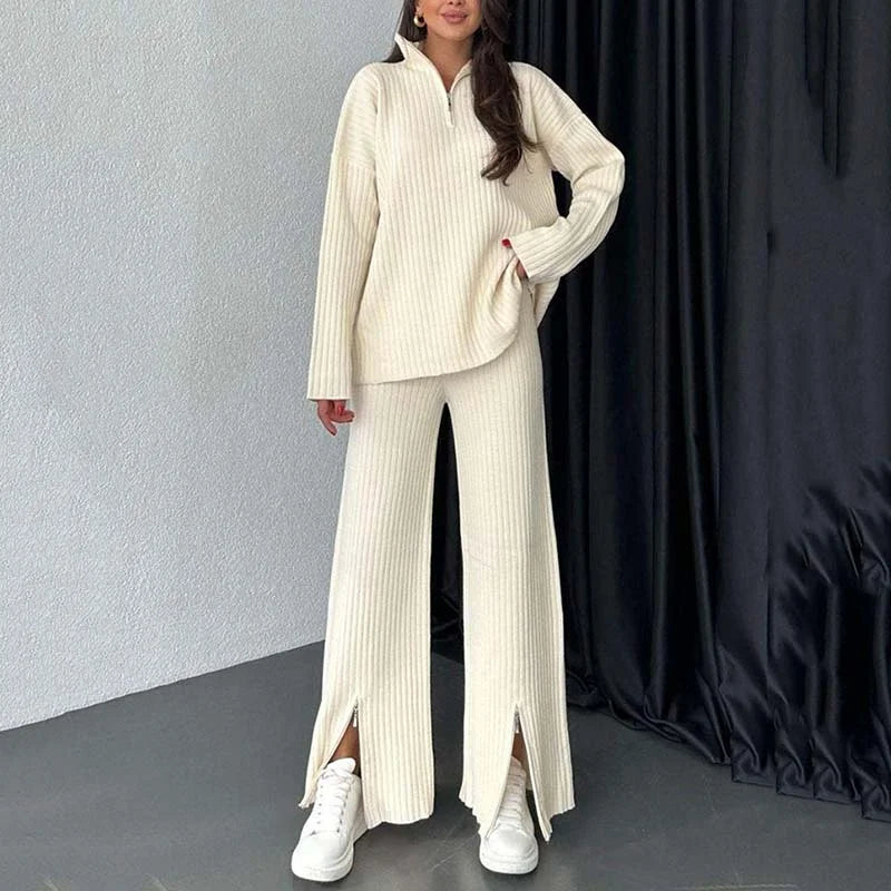 Stickat tvådelat set | Ribbat | Långärmat | Stickat tvådelat set | Loungewear för kvinnor-Eva Jonsson