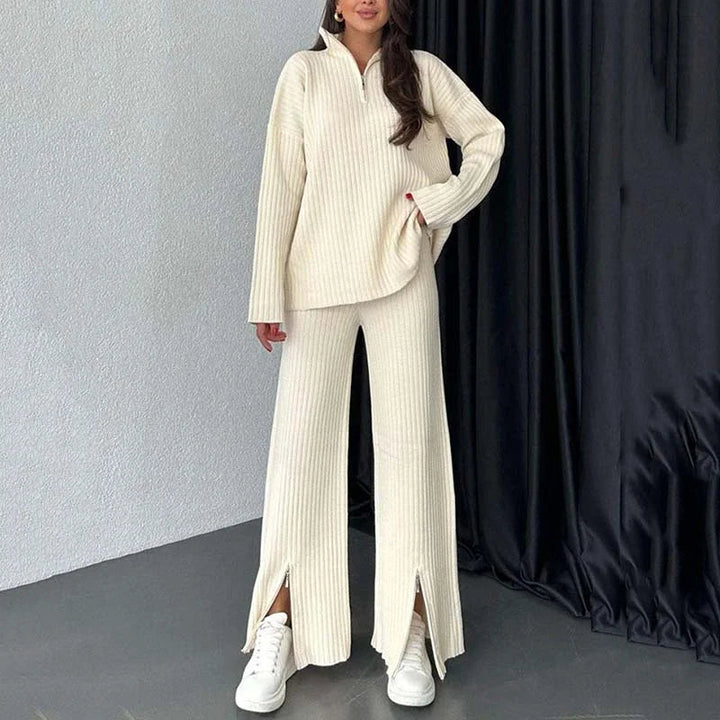 Stickat tvådelat set | Ribbat | Långärmat | Stickat tvådelat set | Loungewear för kvinnor-Eva Jonsson