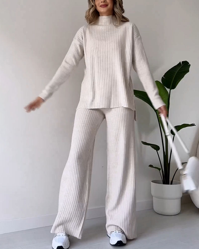 Stickat tvådelat set - Turtleneck - Stickade byxor - Tvådelat set - Loungewear för kvinnor-Eva Jonsson