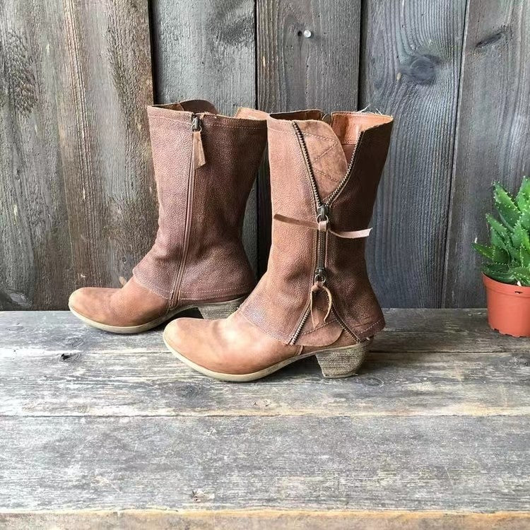 Stövlar med klack – Bruna läderstövlar med dragkedja för kvinnor, halvhöga-Eva Jonsson
