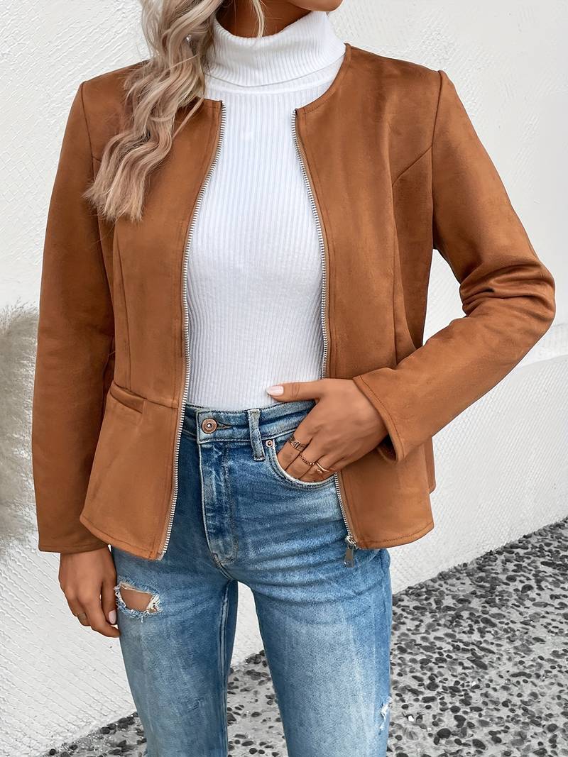 Suede Jacket - Zip-Up - Crew Neck - Sommarjacka - Damjacka-Eva Jonsson