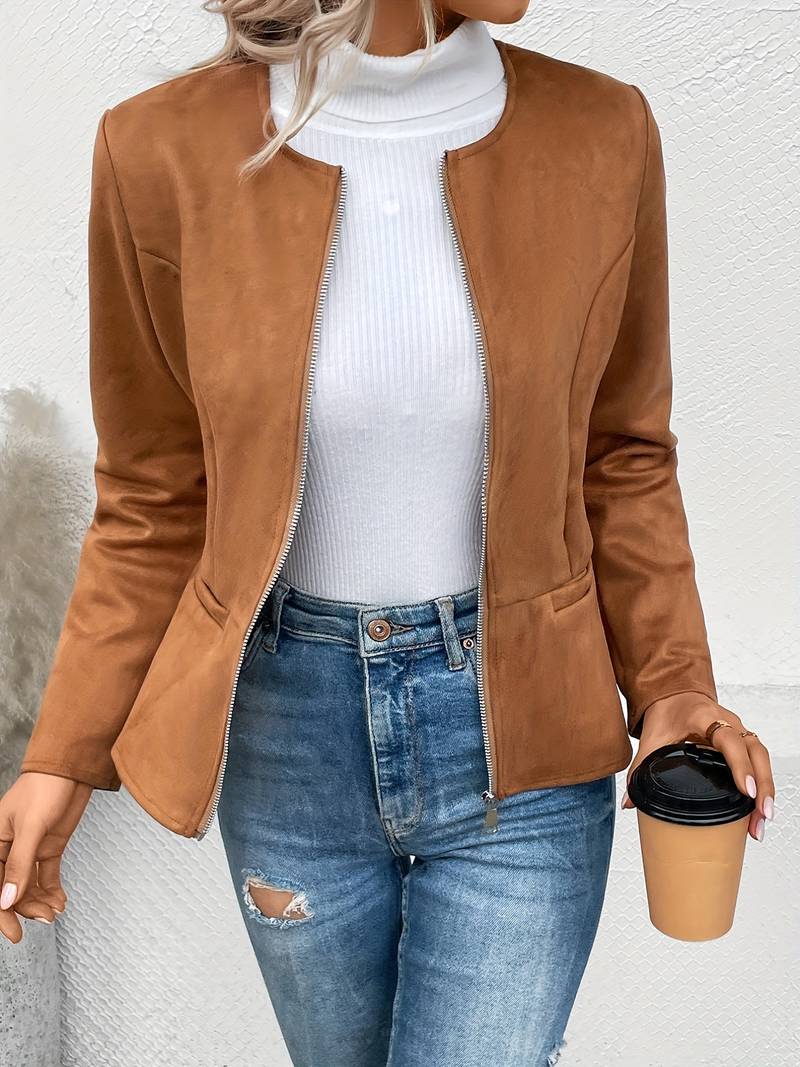 Suede Jacket - Zip-Up - Crew Neck - Sommarjacka - Damjacka-Eva Jonsson