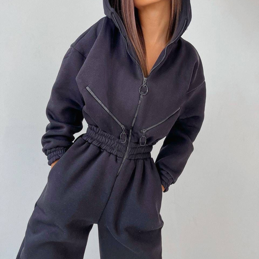 Sweatshirt-overall | Med huva | Rynkad midja | Casual overall | Damoverall-Eva Jonsson