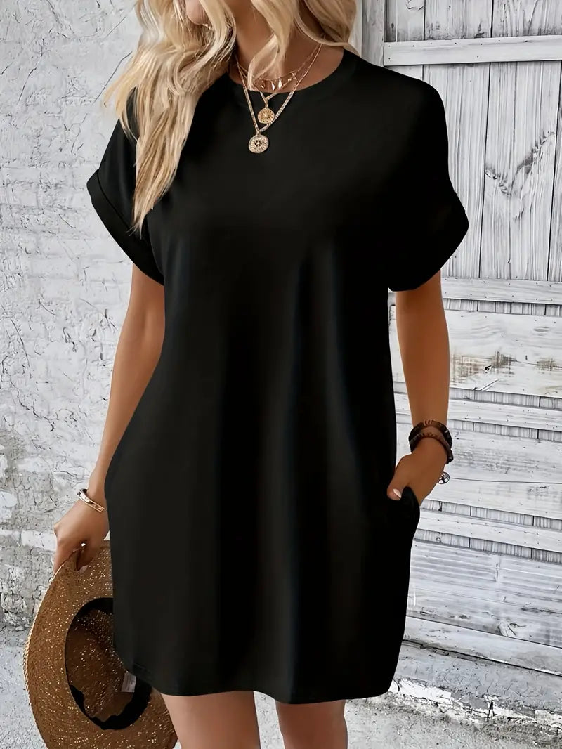 T-shirtklänning, Kortärmad, Fickor, Kort klänning, Lös passform-Eva Jonsson