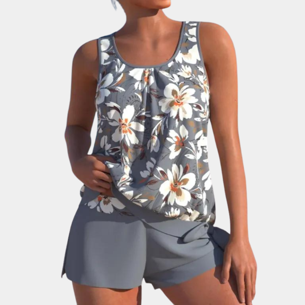 Tankini | Blommigt | Löst sittande | Badeshorts och topp | Badkläder för damer-Eva Jonsson