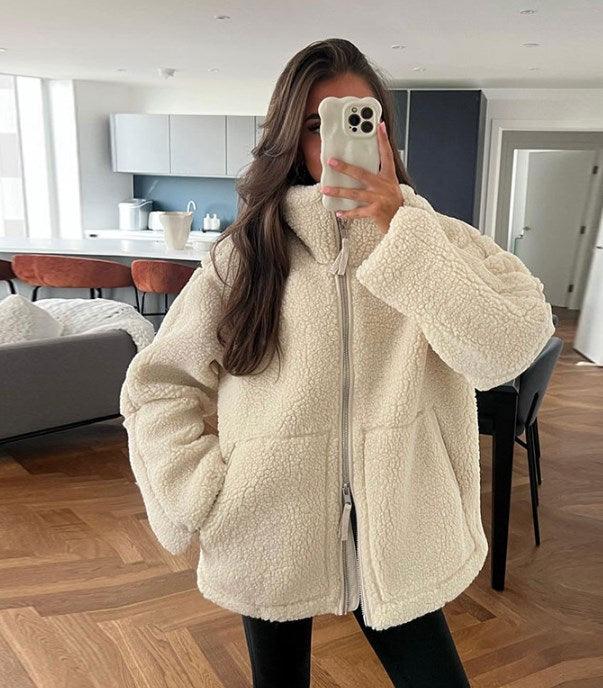 Teddy Fleece Jacka - Oversized vinterjacka med dragkedja för damer-Eva Jonsson