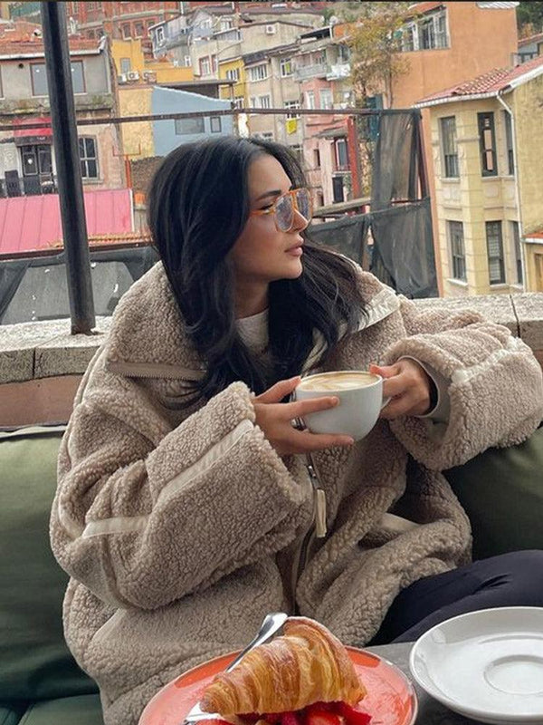 Teddy Fleece Jacka - Oversized vinterjacka med dragkedja för damer-Eva Jonsson