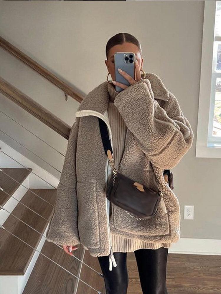 Teddy Fleece Jacka - Oversized vinterjacka med dragkedja för damer-Eva Jonsson