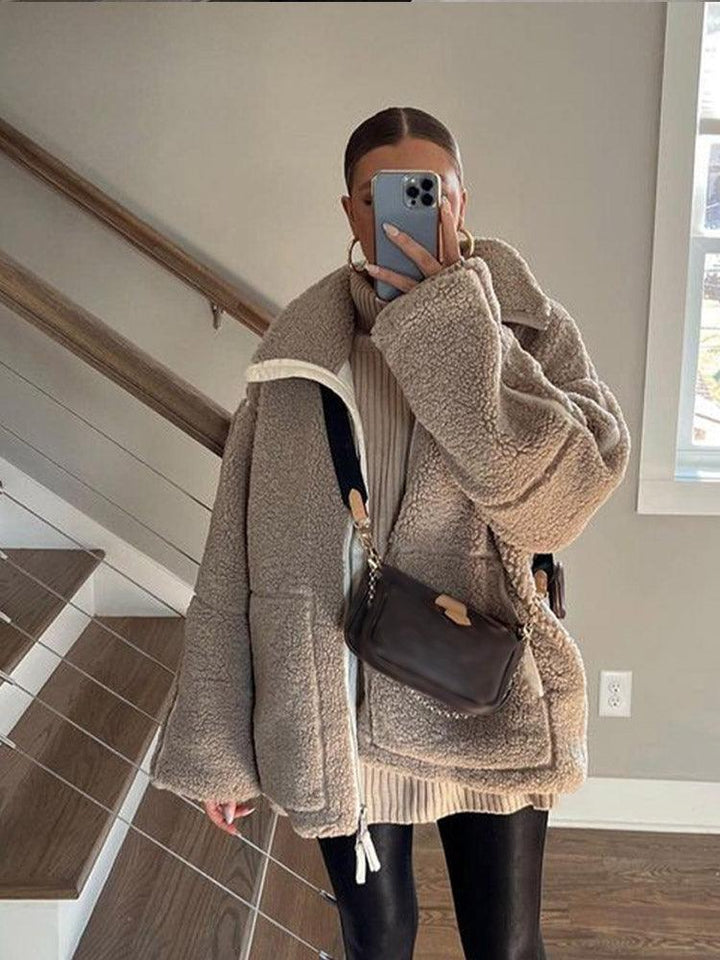 Teddy Fleece Jacka - Oversized vinterjacka med dragkedja för damer-Eva Jonsson