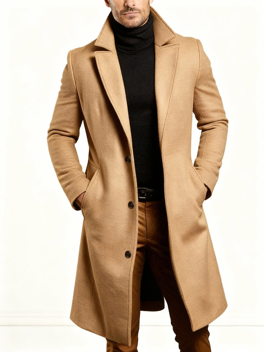 Trench Coat - Klassisk lång enkelknäppt trenchcoat i ull för män-Eva Jonsson