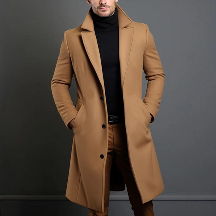 Trench Coat - Klassisk lång enkelknäppt trenchcoat i ull för män-Eva Jonsson